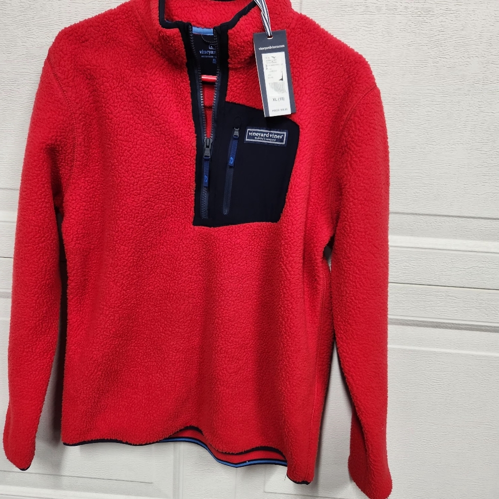 Vineyard Vines Half Zip Boys 18 Red Blue Sherpa Pullover New